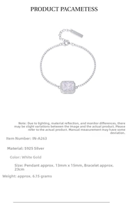 Detailed specs of S925 silver bracelet featuring a large rectangular zircon stone