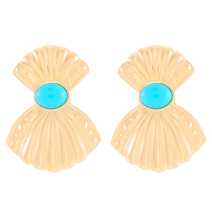 Vintage style gold earrings with scalloped texture and round blue gemstone inlay