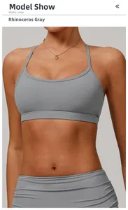Detailed view of rhinoceros grey yoga sports bra with thin straps and U-neckline