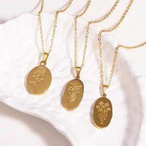 Stainless Steel Oval Pendant Necklace Gold Plated Engraved Rose Flower Relief Vintage Aesthetic Jewelry For Women
