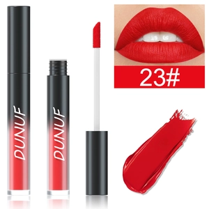 Rouge à lèvres mat 23 avec applicateur et test de couleur sur lèvres et bras