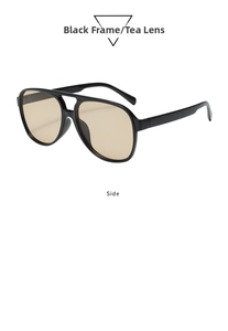 Side view of black pilot sunglasses with double bridge and light tea lenses