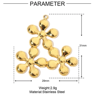 Macro view of gold stainless steel floral pendant with detailed size 31mm and 29mm
