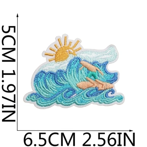 Detailed size chart for sun and wave embroidered patch measuring 6.5cm by 5cm in dimensions