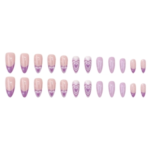 Set unghie finte a mandorla viola con cuori e accenti di stelle glitterate
