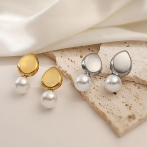 Water Drop Faux Artificial Pearl Dangle Earrings Titanium Steel Brushed Metal Jewelry With Copper Earring Post Elegant For Women
