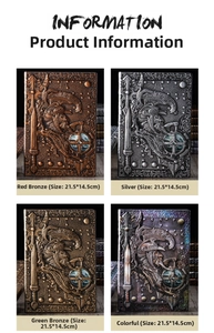 Detail of 3D embossed vintage warrior notebooks in four antique metallic colors and 21.5x14.5cm size