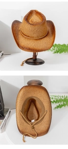 Detailed view of the woven texture and adjustable windproof strap on the western straw hat