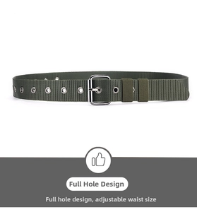 Detail view of army green canvas belt with metal eyelets and a classic silver buckle