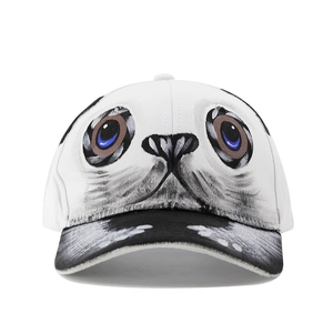 Front view of white baseball cap with husky animal print and black tie-dye brim