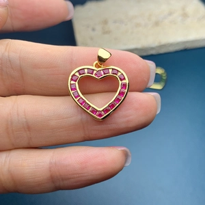 Minimalist gold heart necklace with a rectangular red gemstone inlay for women