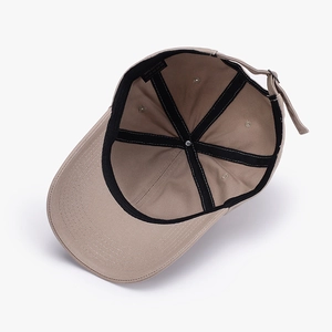 Khaki cotton baseball cap with interior 6-panel structure and metal buckle detail
