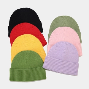 Detail of multi-color ribbed knit beanies showing texture and color variety
