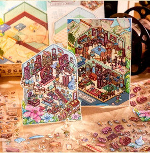 Macro shot of vintage Chinese architecture DIY stickers with miniature furniture