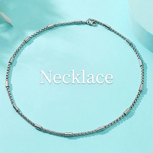 Polished silver stainless steel square chain necklace with cylindrical metal beads and clasp