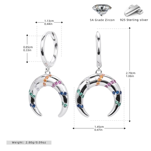 Detailed size measurement of S925 silver crescent earrings with colorful zircon stones