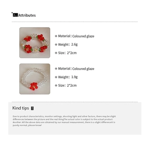 Detail view of handmade floral glass bead rings showing product dimensions and specifications
