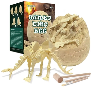 Educational dinosaur egg excavation kit with digging tools and toy skeleton models