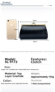 Detailed size specifications of genuine leather vintage evening clutch with kiss-lock closure