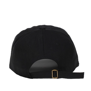 Rear view of black cotton baseball cap with adjustable gold metal buckle and ventilation eyelets