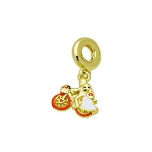 Detail of a gold motorcycle pendant with red and white enamel accents on white background