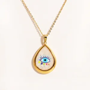 Gold titanium steel necklace featuring a waterdrop evil eye pendant with colorful hearts
