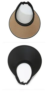 Top view and interior detail of women's straw sun visor with adjustable black strap