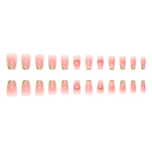 French tip press-on nails with pink gradient, green tips, and sweet peach heart designs