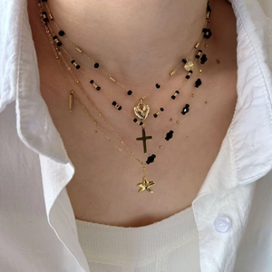 Women Stainless Steel Black Onyx Agate Beaded Necklace Gold Starfish Cross Heart Pendant Bohemian Minimalist Jewelry Gift