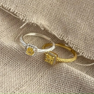 925 Sterling Silver Yellow Square Zircon Halo Ring Twisted Braid Band Adjustable Open Jewelry For Women