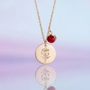 Birth Flower Birthstone Necklace Titanium Steel Engraved Round Disc Double Pendant Adjustable Elegant Jewelry For Women