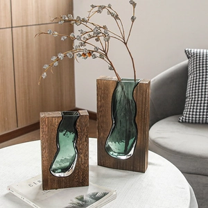 Nordic minimalist solid wood glass vase set in dark brown with green inner glass