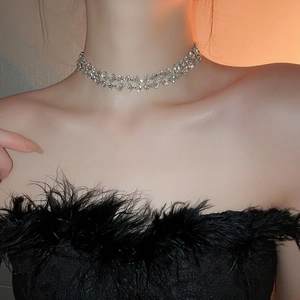 Close-up of a luxury silver-toned choker necklace with sparkling crystal inlay on a model