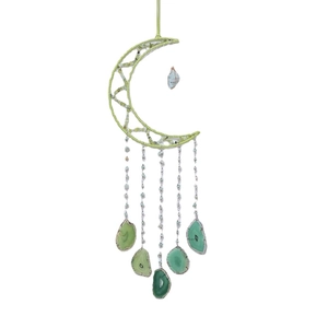 Handmade crescent moon dream catcher with green agate slices and crystal stone decor