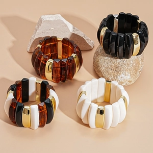 Bohemian chunky acrylic geometric stretch bracelets with amber and gold accents