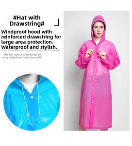 Detail of pink and blue EVA raincoats showing drawstring hoods and button closure