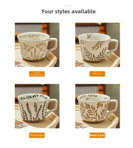 Detail view of four hand-painted ceramic mugs with rustic texture and floral patterns