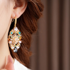 Vintage palace style earrings with colorful crystals and black teardrop pendants
