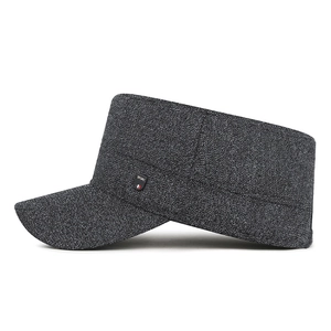 Mens winter warm flat top military hat in dark grey knit with fleece ear protection