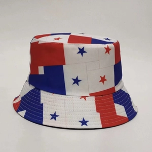 Detail shot of Panama flag pattern bucket hat with stars on high quality cotton fabric