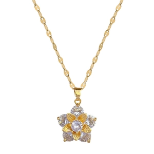 Elegant gold five-petal flower jewelry set with white crystals and titanium steel chain