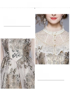 Nahaufnahme von Spitzenkragen mit Perlen und Goldkette am French Vintage Kleid
