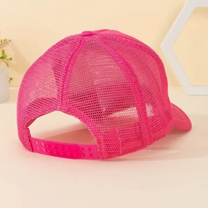 Detail view of the rose pink mesh trucker cap with adjustable snapback closure