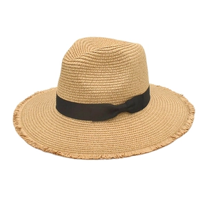 Chapeau de paille Panama avec ruban noir et bord à franges pour protection solaire