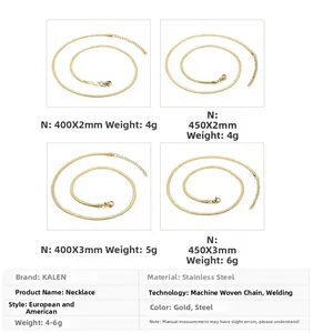 Detailed view of golden stainless steel snake chain showing 2mm and 3mm thickness options