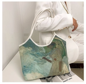 Detail of oil painting tote bag featuring Claude Monet Woman with a Parasol print