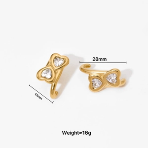 Golden stainless steel heart earrings with zircon stones, size 28mm by 13mm