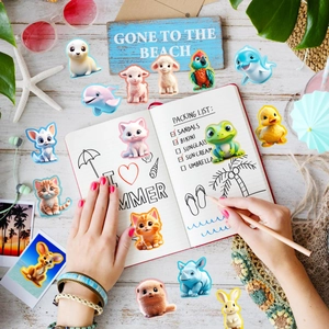 Close-up of cute 3D cartoon animal stickers in a summer beach themed layout