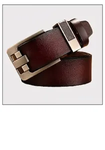 Close-up of a men's dark brown leather belt featuring a classic metal pin buckle design