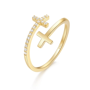 Elegant gold S925 sterling silver double cross ring featuring sparkling cubic zirconia